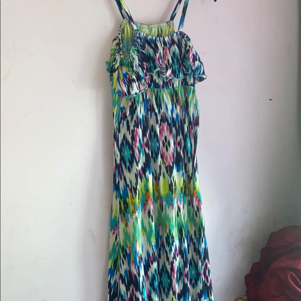 Juniors Long Spaghetti Strap Colorful Ruffle Dress
